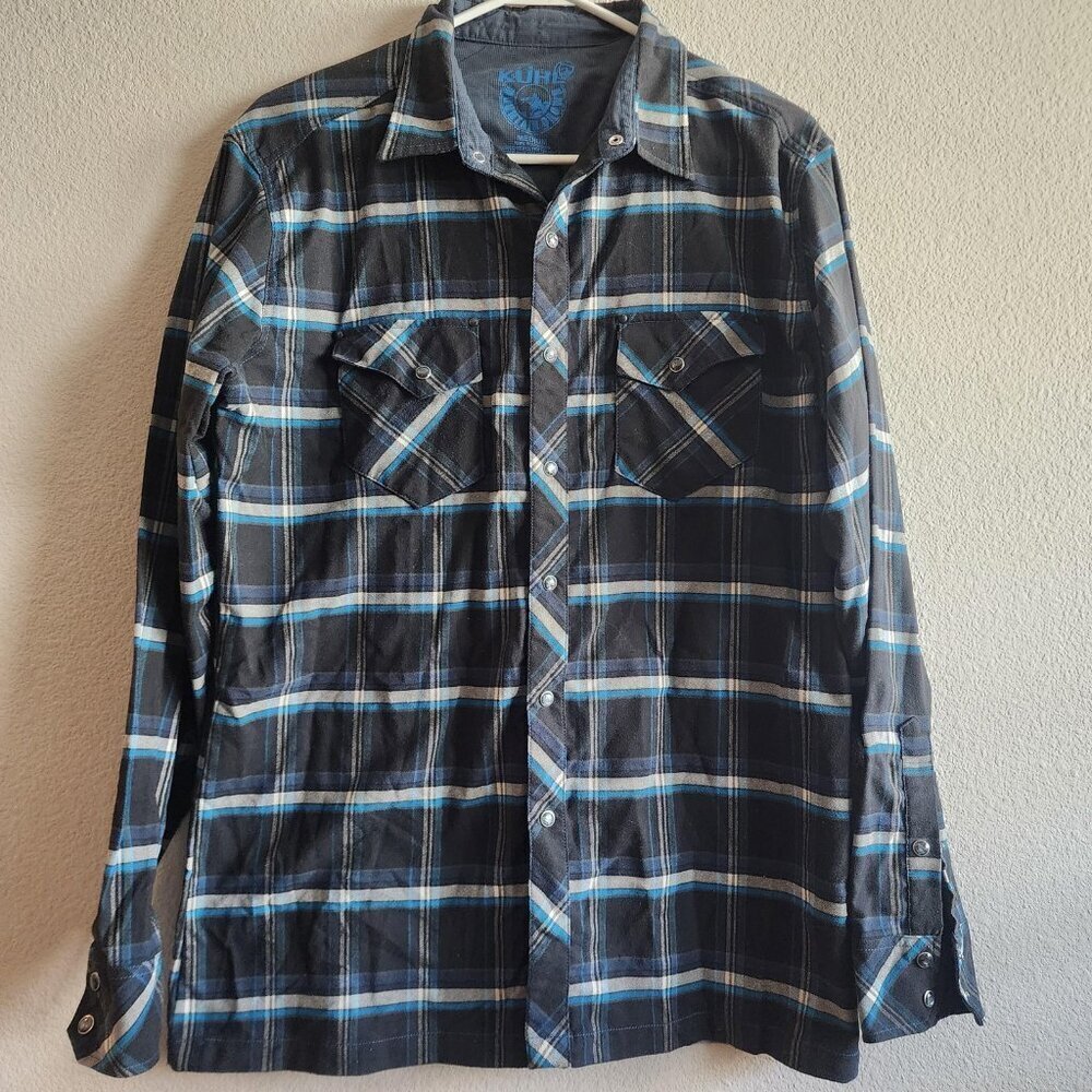 Kuhl Shirt Mens Medium Black Blue Plaid Snap Front Western Pearl Snap Pockets